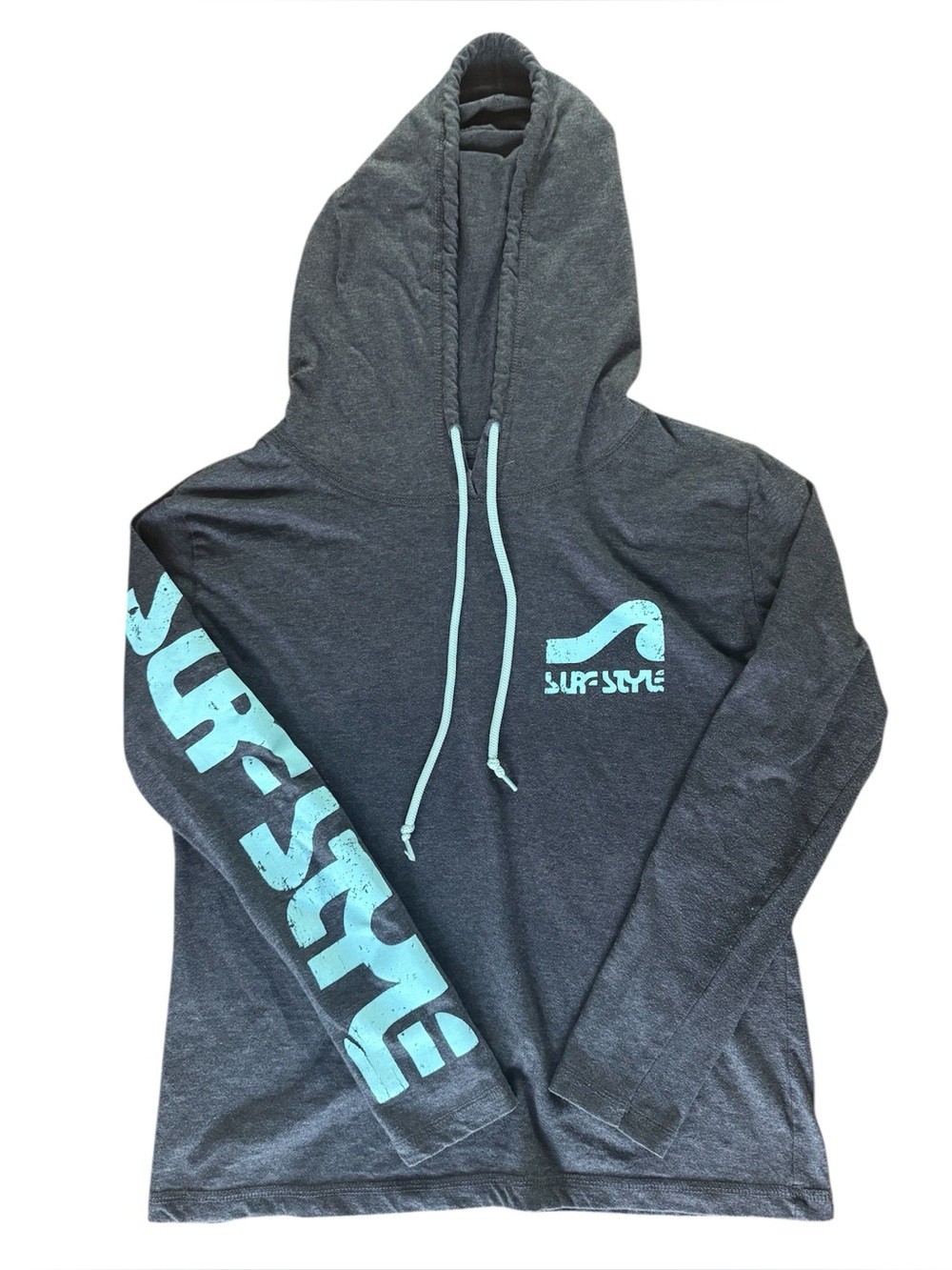 surf style Charcoal Gray Hoodie with Aqua Logo